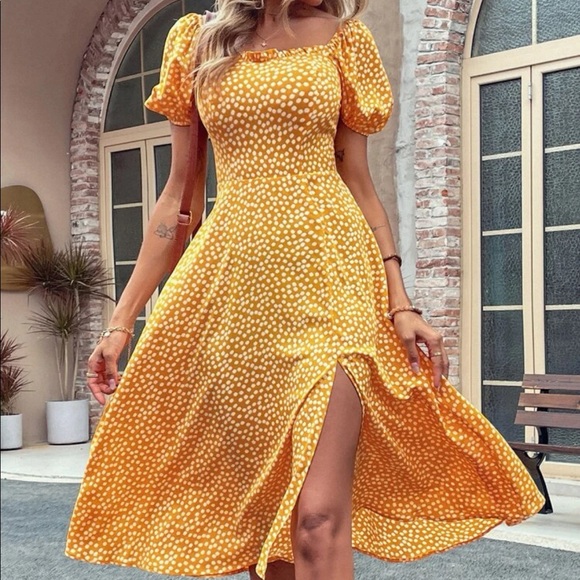 Boho polka dots puff sleeve slit thigh dress - Picture 2 of 16